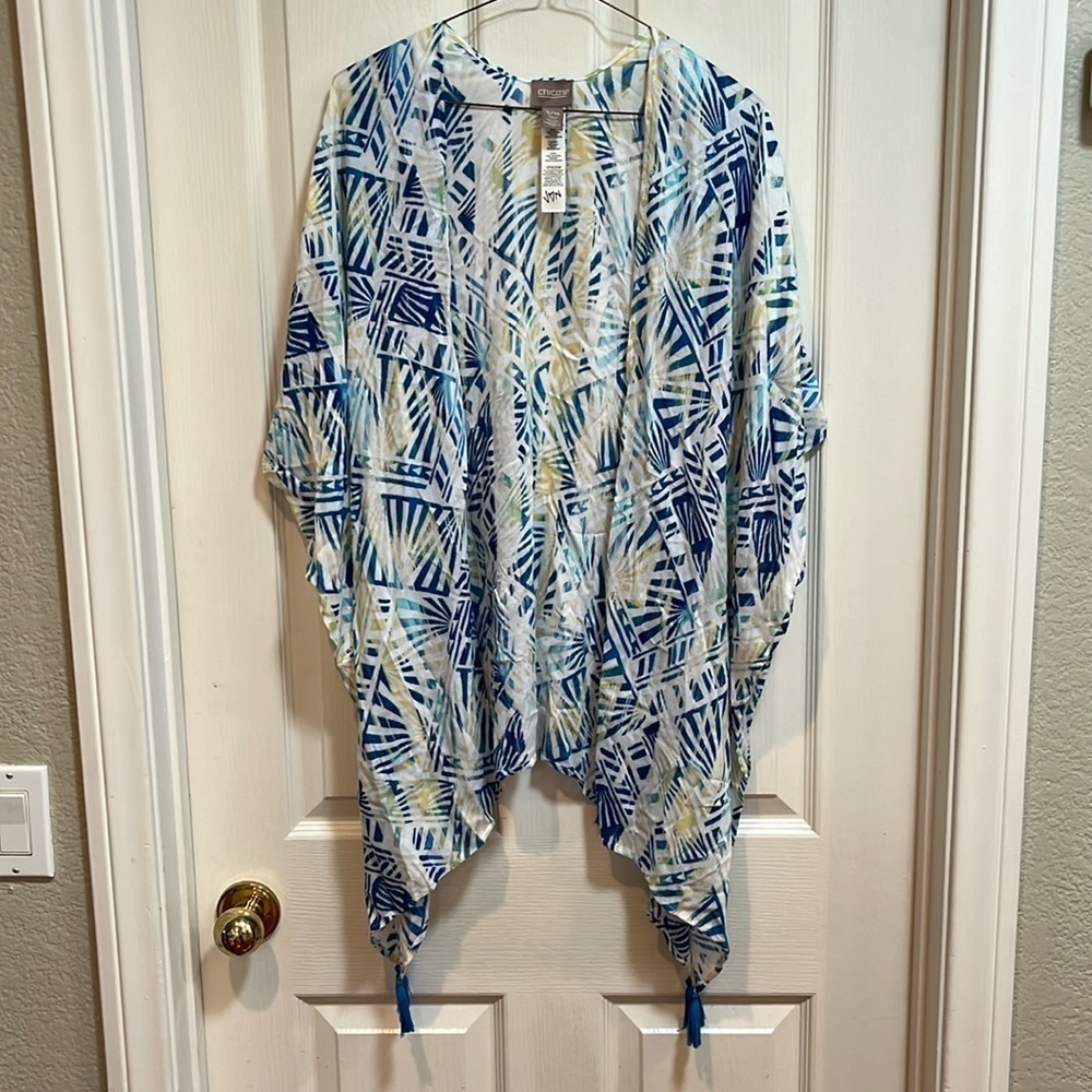 Chicos Kimono Open Front Tassels Blue White Yellow Rayon Small Medium Coastal